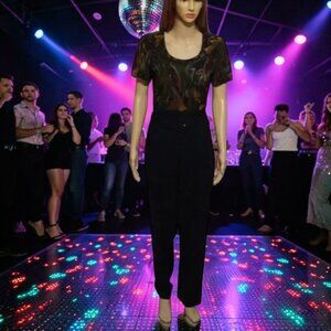 Vintage 80s Jumpsuit Black Gold Short Sleeve Retro Groovy Studio 54 Size 6